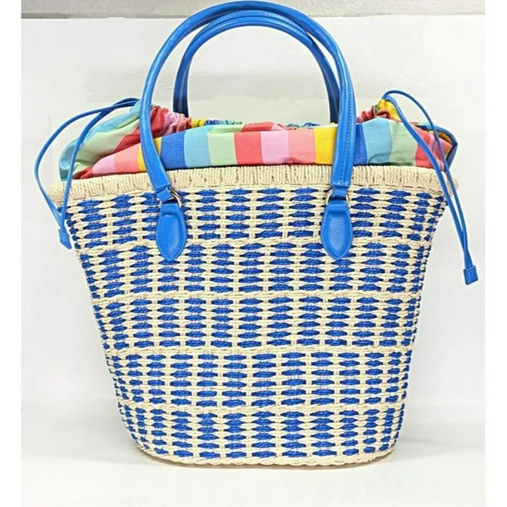 On 34th Isabellaa Women's Straw Medium Drawstring Tote Blue Stripe (MSRP $130)